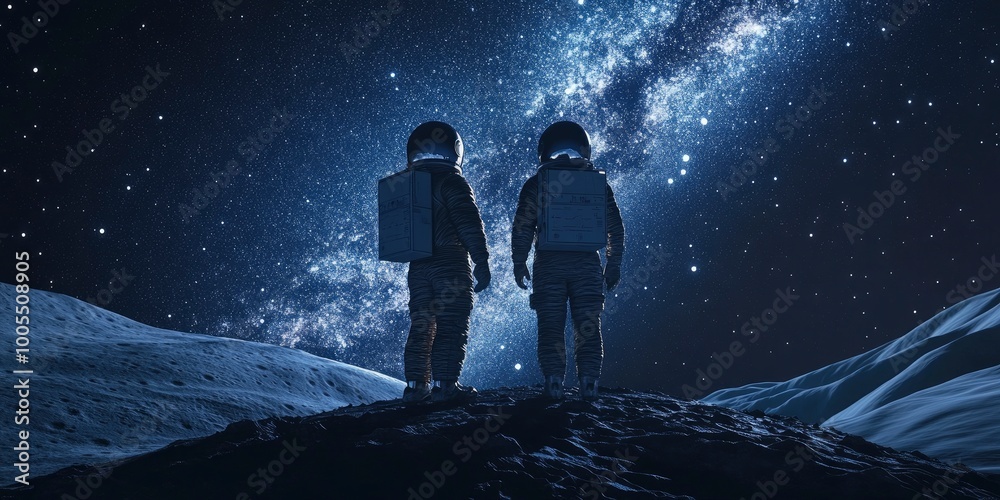 A crew of two astronauts in space suits stands on the Moon, gazing at the Milky Way galaxy. A crew of two astronauts in space suits stands on the Moon, gazing at the Milky Way galaxy.