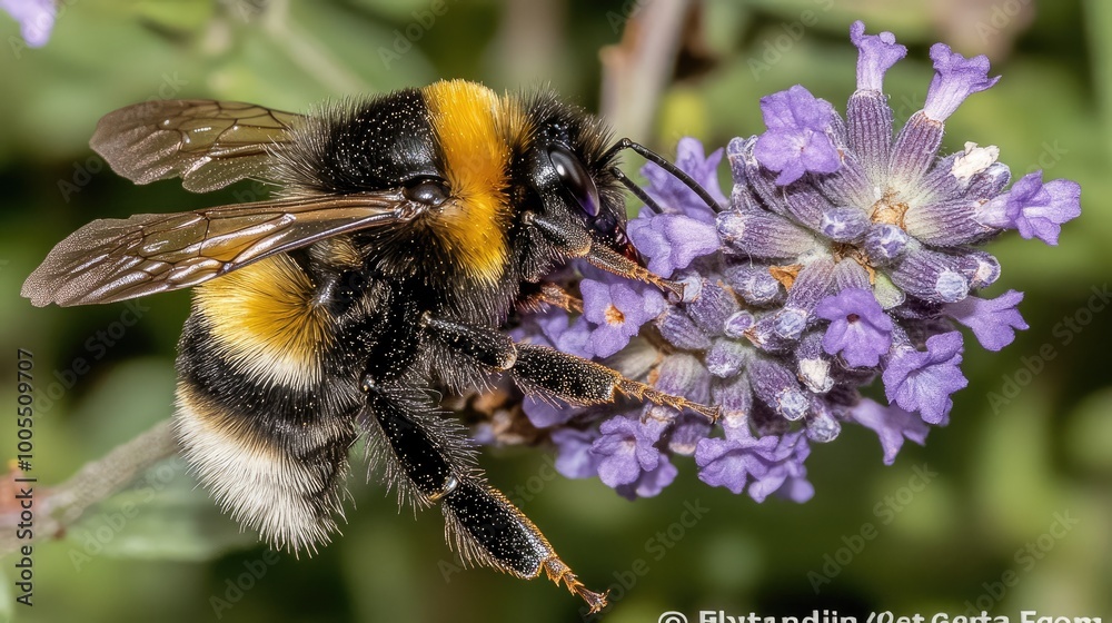 Macro shot of a bumblebee hovering over a lavender flower, gathering nectar in the summer sun Macro shot of a bumblebee hovering over a lavender flower, gathering nectar in the summer sun
