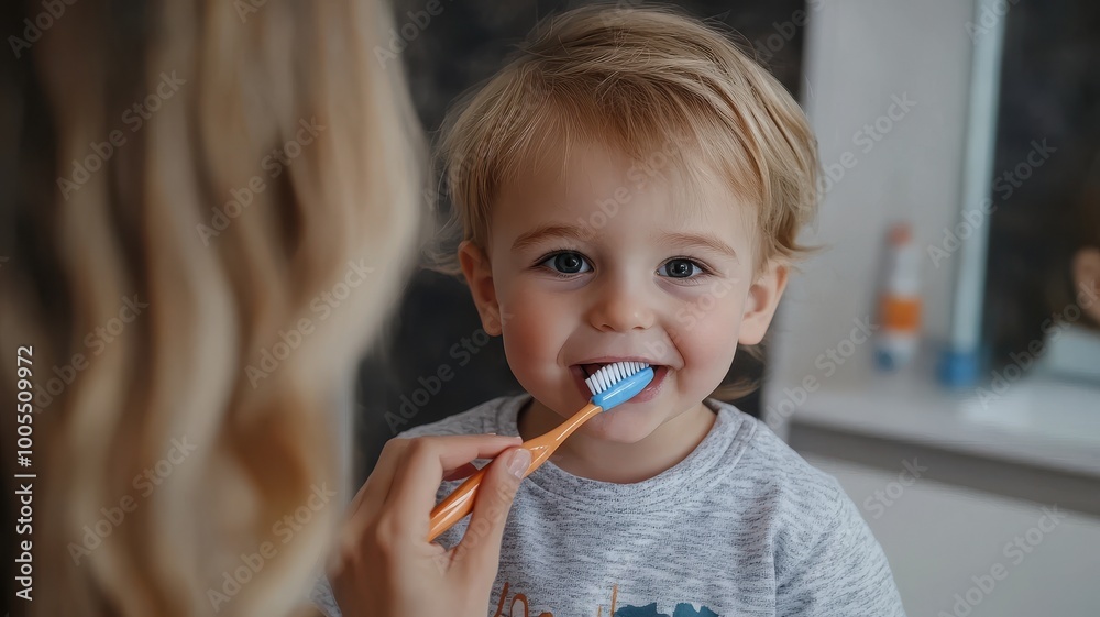 Happy child brushing teeth with mother's help in cozy bathroom setting. Happy child brushing teeth with mother's help in cozy bathroom setting.