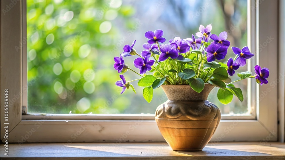 Panoramic violets in ceramic vase on windowsill Panoramic violets in ceramic vase on windowsill