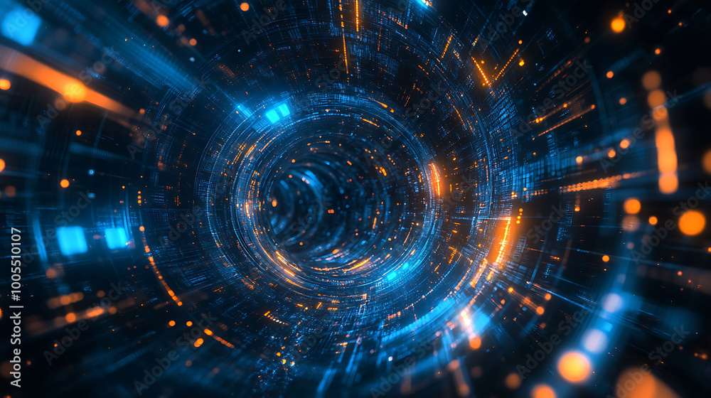 Obraz premium Abstract digital tunnel with blue and orange lights, creating a sense of depth and movement.