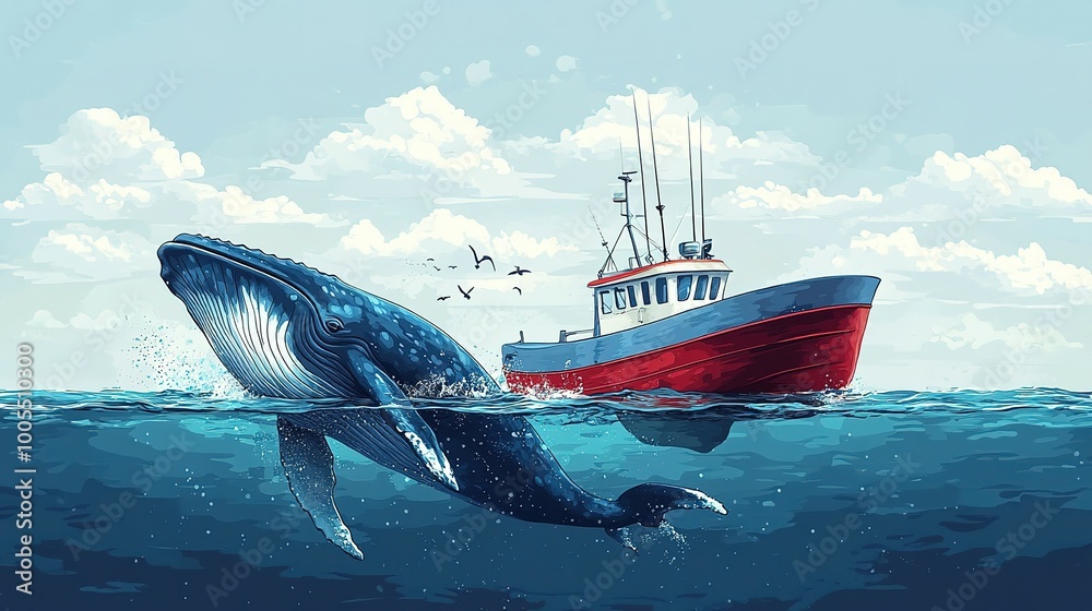 Fototapeta premium Whale Breaching Next to a Red and Blue Fishing Boat