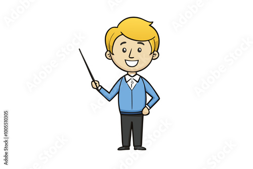 teacher male blond and pointer in hand illustration on white background
