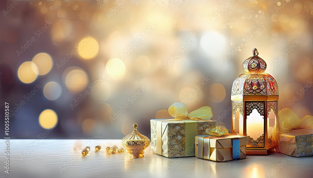 Wooden table decorated with Ramadan ornaments and small gift boxes. Wooden table decorated with Ramadan ornaments and small gift boxes.