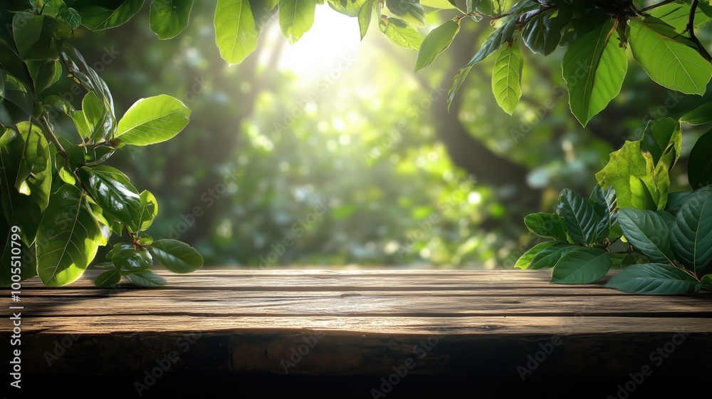 A rustic wooden table bathed in soft sunlight, framed by vibrant green leaves. This serene natural setting creates a perfect backdrop for relaxation and creativity.