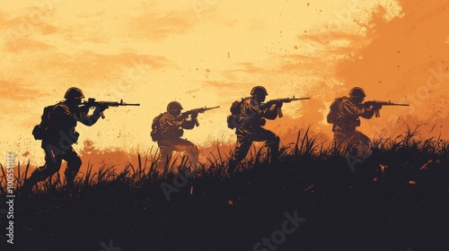 Silhouettes of soldiers fighting in war, representing military combat and army action. 