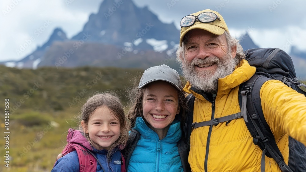 Happy family hiking in mountains, enjoying nature and adventure together. Happy family hiking in mountains, enjoying nature and adventure together.