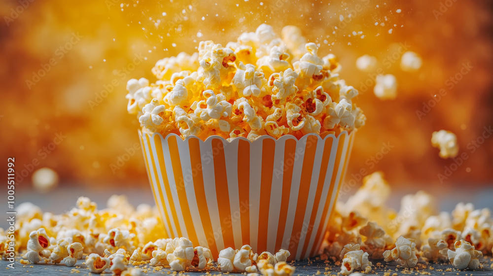 Popcorn in a striped container with an orange background, displaying an explosion effect and scattered popcorn Popcorn in a striped container with an orange background, displaying an explosion effect and scattered popcorn
