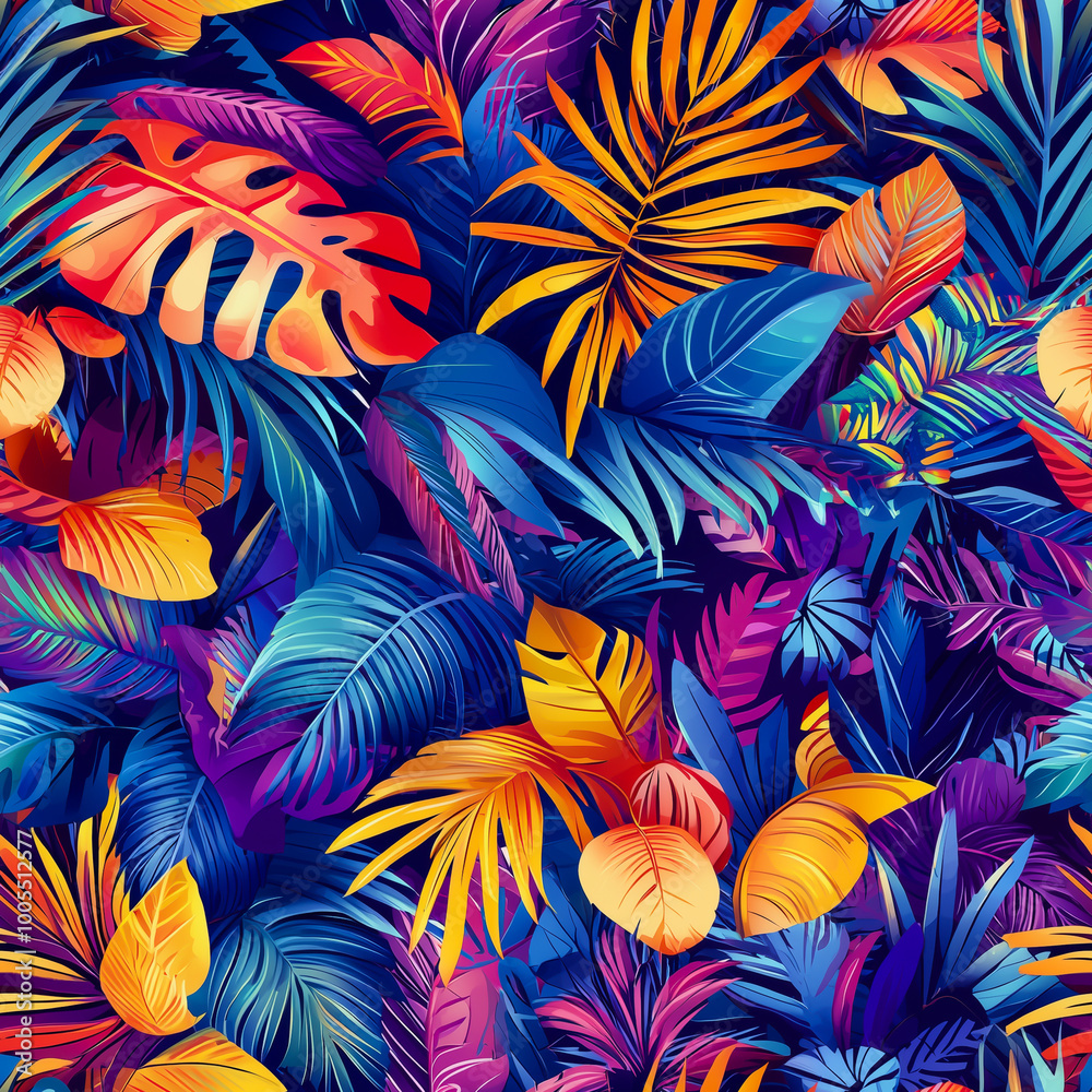 Colorful tropical leaves in neon hues create a seamless pattern.