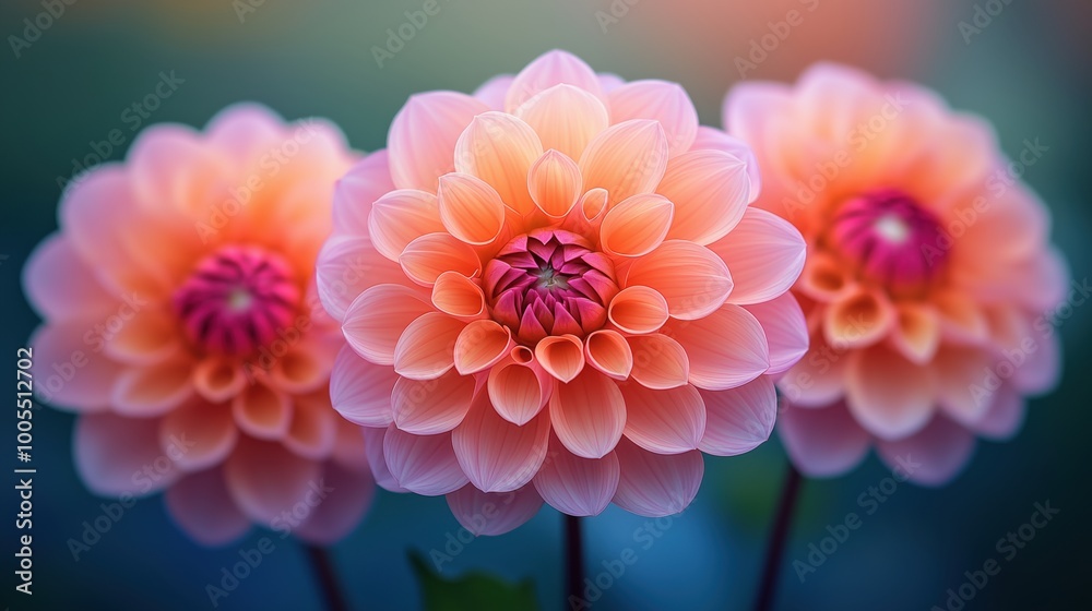 Fototapeta premium Three stunning pink dahlia flowers with soft focus, showcasing vibrant colors and delicate petals. Perfect for nature lovers and floral décor enthusiasts.