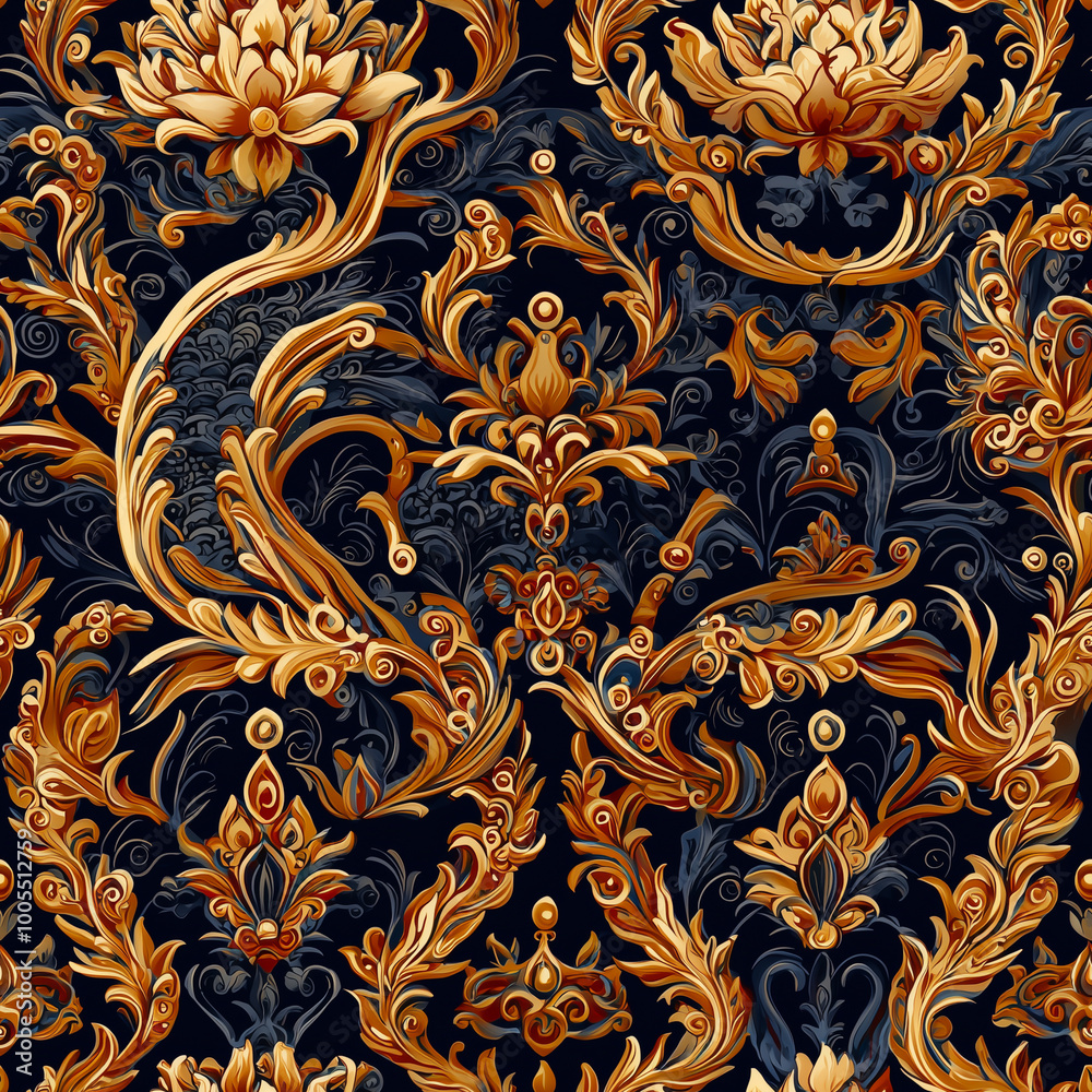 Seamless Luxurious Thai Floral Art Pattern in Gold and Dark Tones Seamless Luxurious Thai Floral Art Pattern in Gold and Dark Tones
