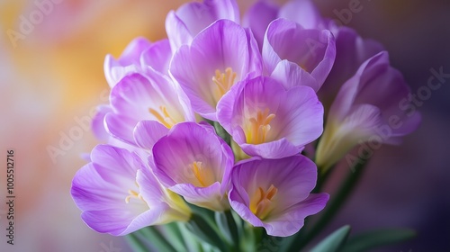 A stunning close-up of delicate purple crocus flowers, capturing their vibrant beauty against a soft, blurred background. Perfect for nature themes.