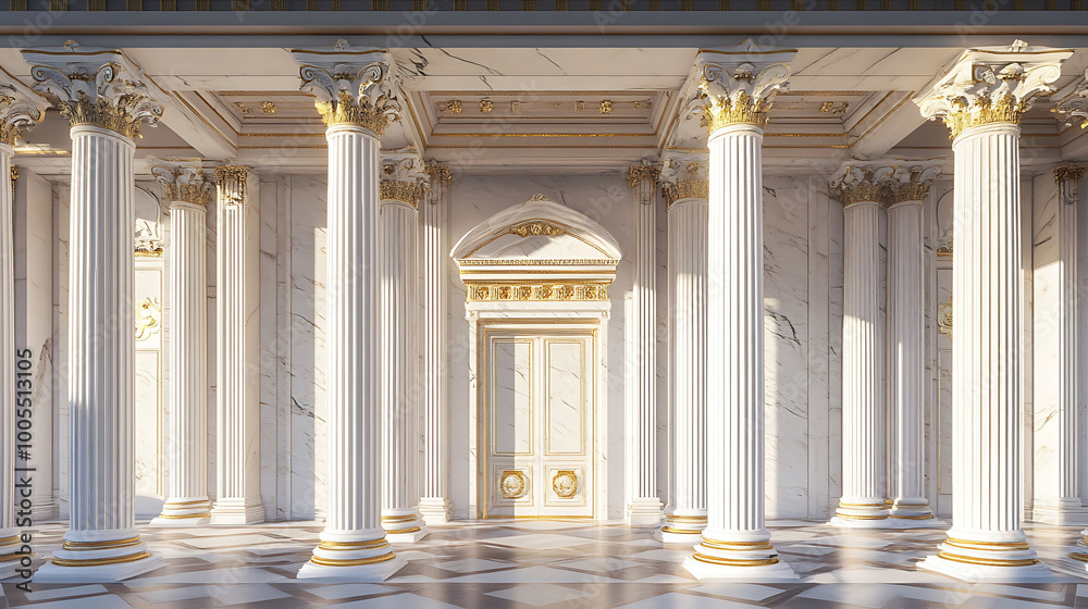 Fototapeta premium A grand entrance to a classic building with white marble columns and a golden door.