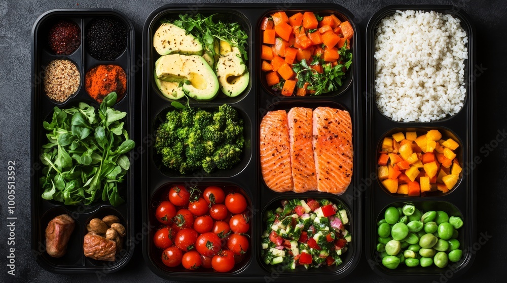 A vibrant meal prep container filled with healthy ingredients, including salmon, vegetables, and grains, arranged neatly for balanced meals.