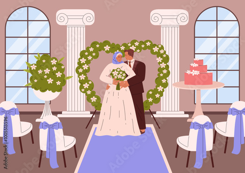 Illustration of a Muslim bridegroom and bride against the backdrop of an interior room with an arch.