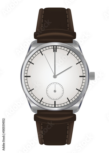 Mechanical watch in classic design. Realistic wristwatch, luxury fashion object for men on white background. Elegant business chronograph with leather bracelet