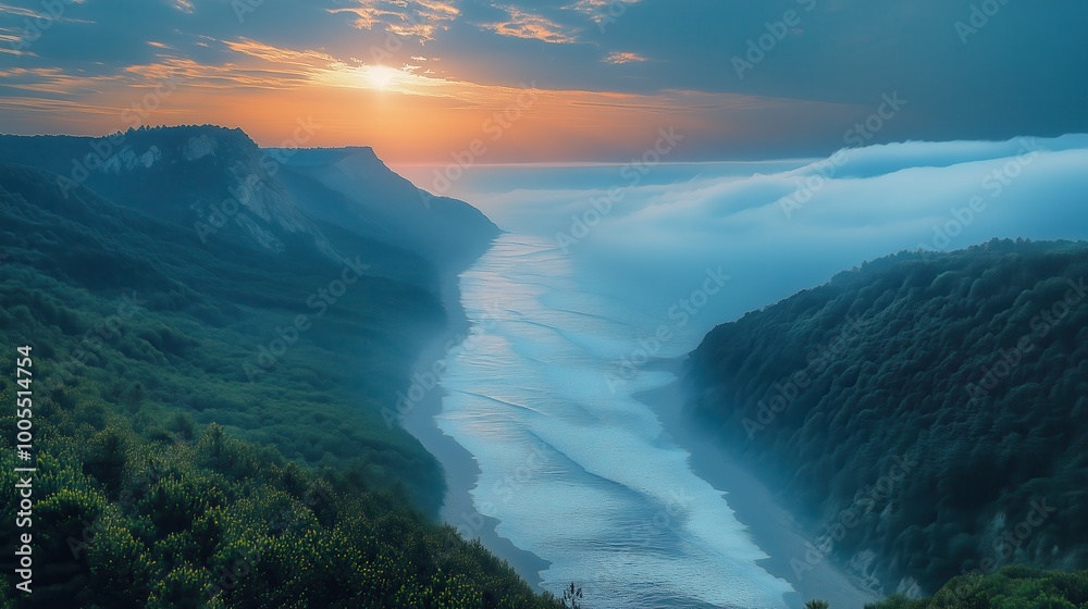 Experience the beauty of a tranquil dusk as the sun sets behind high mountains. The misty ocean whispers serenity, creating a stunning landscape view. Experience the beauty of a tranquil dusk as the sun sets behind high mountains. The misty ocean whispers serenity, creating a stunning landscape view.