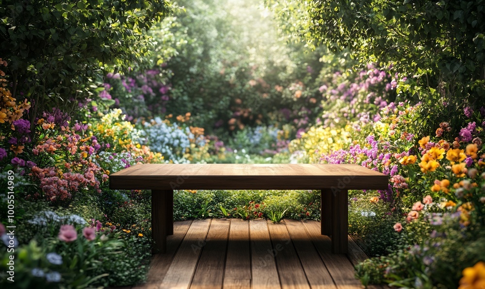 Wooden table in a vibrant blooming garden with soft sunlight filtering through the foliage. Wooden table in a vibrant blooming garden with soft sunlight filtering through the foliage.