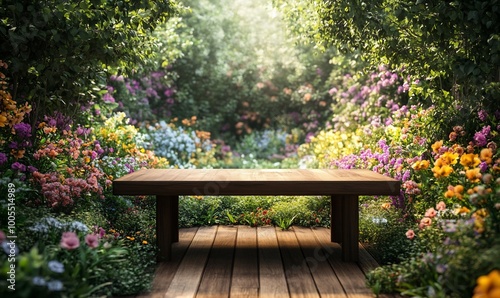 Wooden table in a vibrant blooming garden with soft sunlight filtering through the foliage.