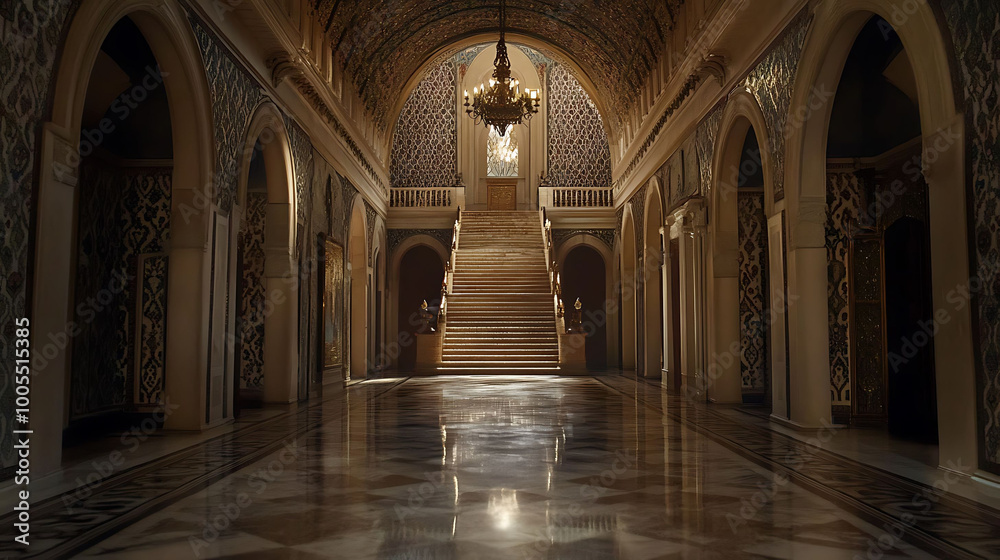 Obraz premium An elegant hallway with a grand staircase and intricate details.