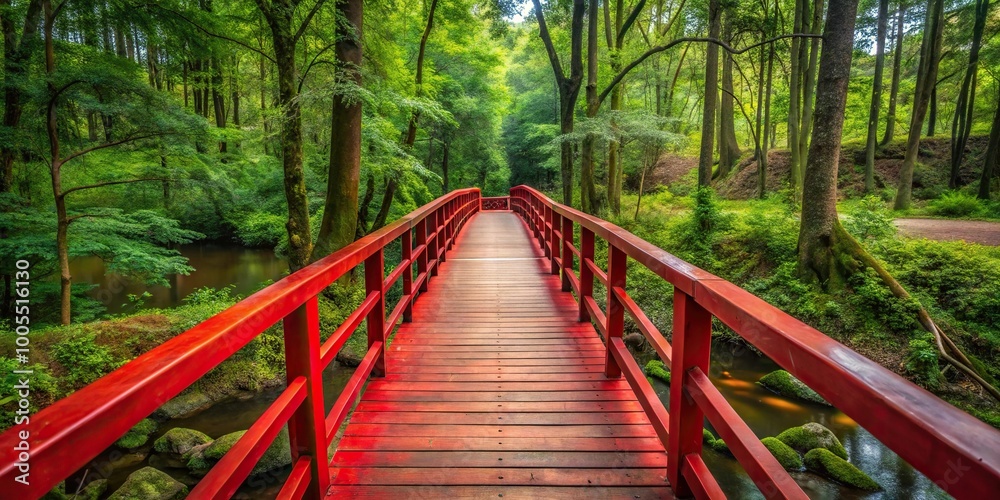 Path through forest with wooden and red metal bridge from high angle view Path through forest with wooden and red metal bridge from high angle view