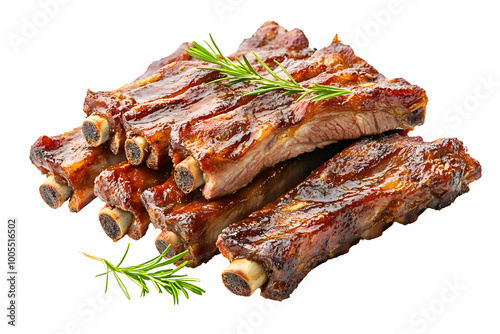 Perfectly grilled Pork Ribs with rosemary on a transparent background.