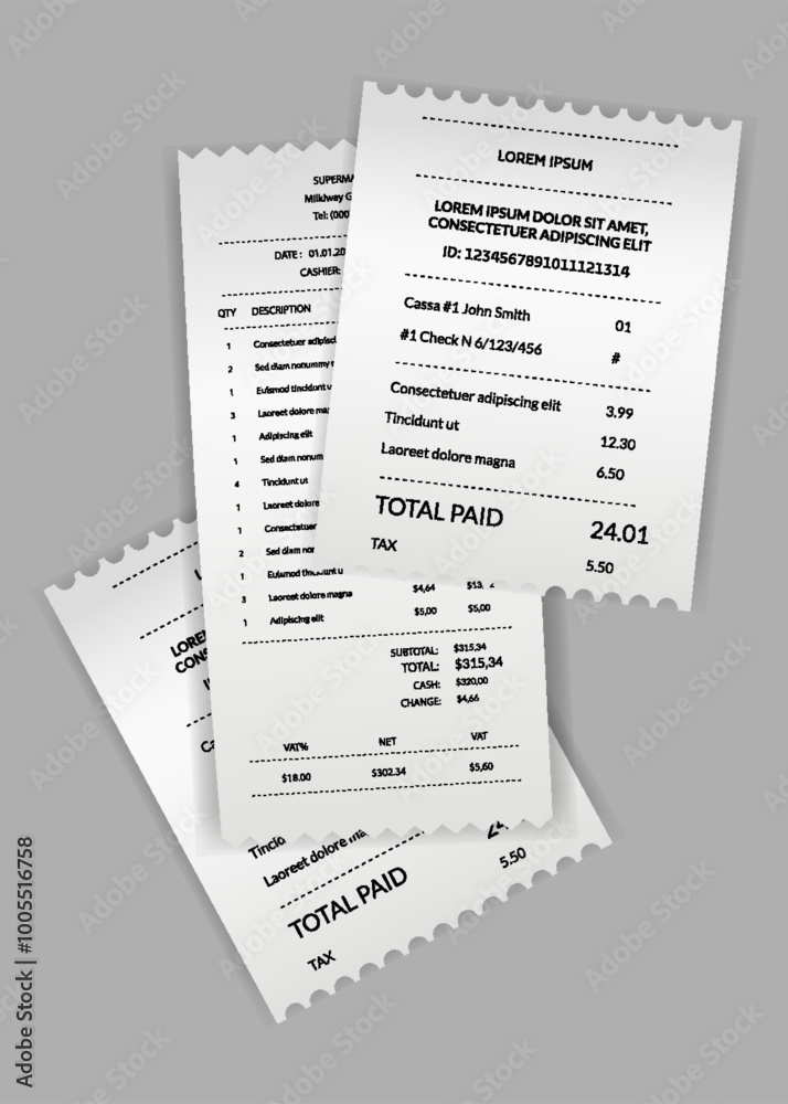 Naklejka premium Payment check and receipts. Set of financial paper, purchase invoice. Buying, bill or calculate pay. Receipt the seller forms