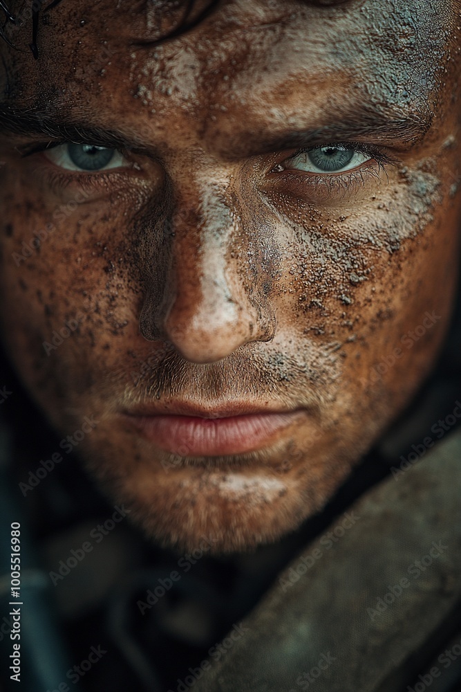 Close-up portrait of a soldier with mud on his face, looking intensely at the camera. Close-up portrait of a soldier with mud on his face, looking intensely at the camera.