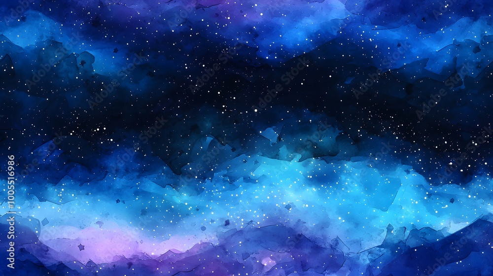 Fototapeta premium Vibrant galactic watercolor scene with stars in deep blue cosmos