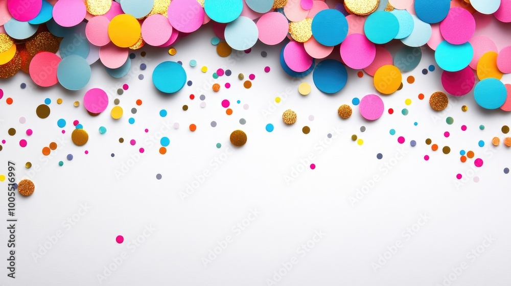 Paper confetti in bright colors scattered across a clean white background, representing celebration and joy Paper confetti in bright colors scattered across a clean white background, representing celebration and joy