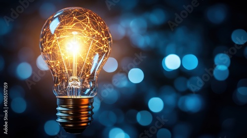 Illuminated light bulb with glowing filament on blue blurred background