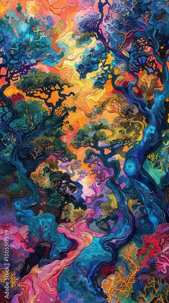 Naklejka premium Surreal forest, twisted trees, vibrant hues, bird's-eye view, midday light, emotional depth, abstract scene,