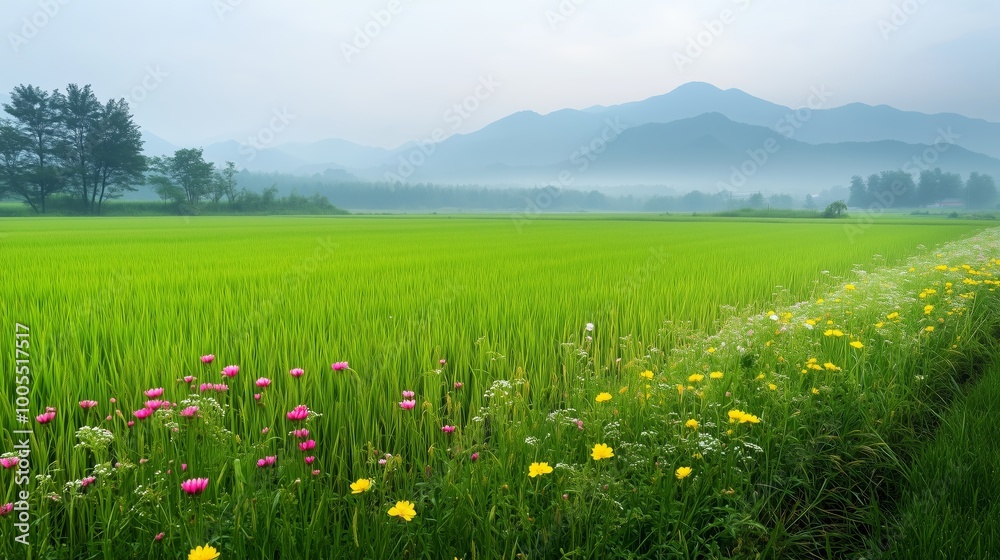 A peaceful rice field with wildflowers blooming along the edge of the field, adding pops of color like yellow and pink against the vibrant green stalks. A peaceful rice field with wildflowers blooming along the edge of the field, adding pops of color like yellow and pink against the vibrant green stalks.