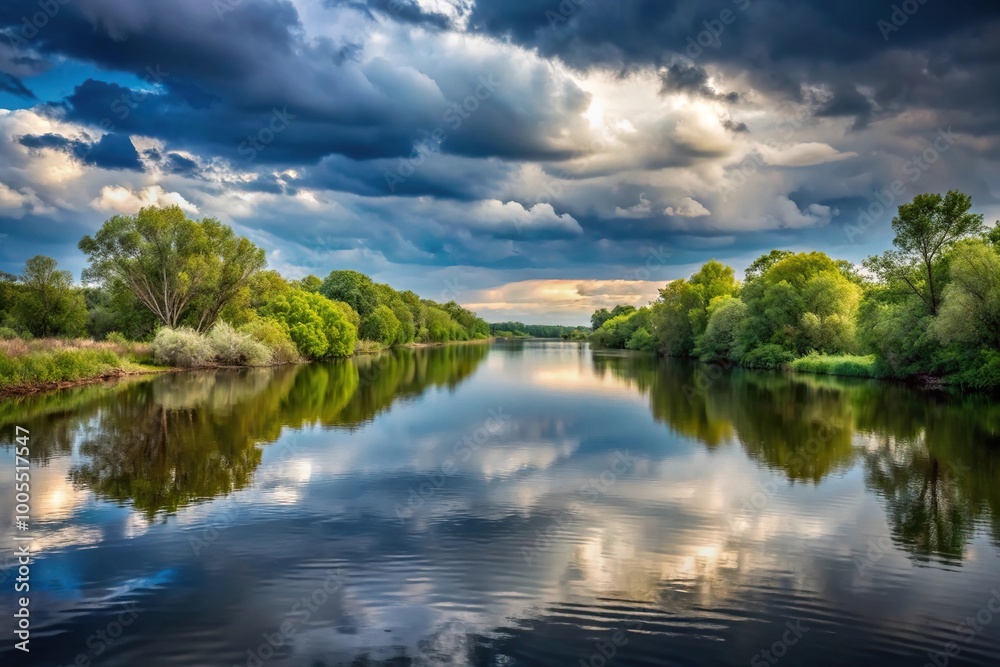 Peaceful landscape of a river with trees under a cloudy sky Peaceful landscape of a river with trees under a cloudy sky