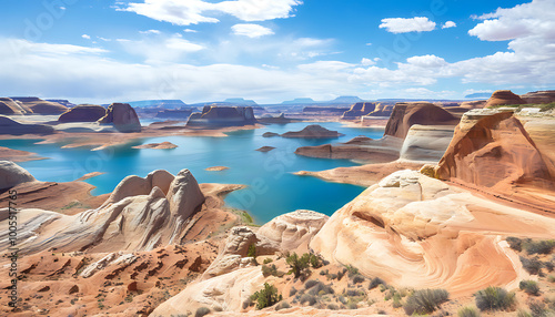 The natural beauty of Lake Powell National Park, with stunning views of lakes, mountains, and canyons. photo