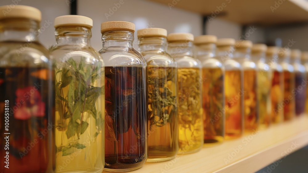 Jars filled with colorful herbs and oils, arranged on a wooden shelf. Jars filled with colorful herbs and oils, arranged on a wooden shelf.