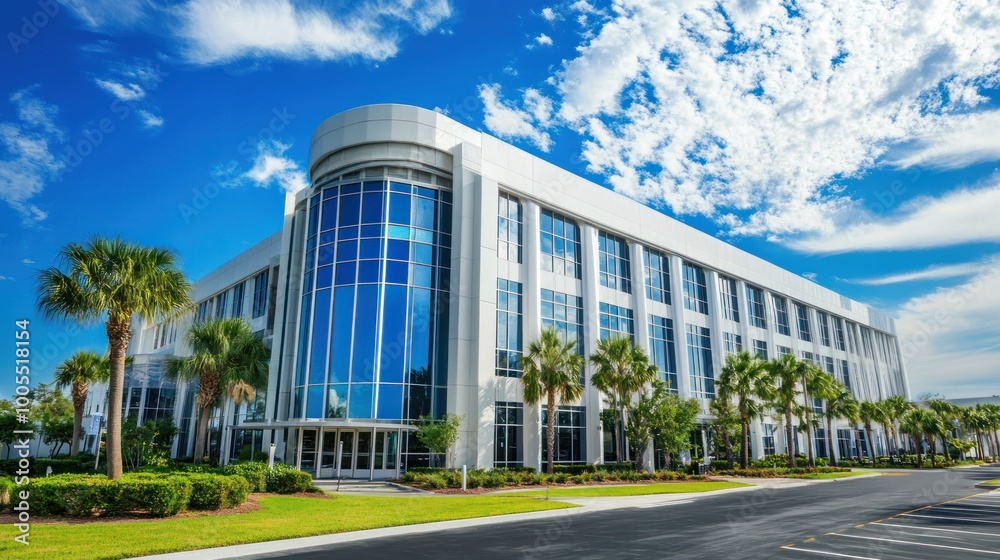 Obraz premium Modern office building with glass facade and palm trees under a blue sky.