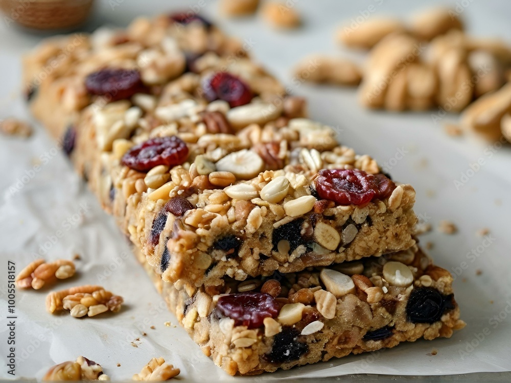 A neatly arranged stack of granola bars, enriched with nuts and dried fruit, ideal for a nutritious snack. A neatly arranged stack of granola bars, enriched with nuts and dried fruit, ideal for a nutritious snack.