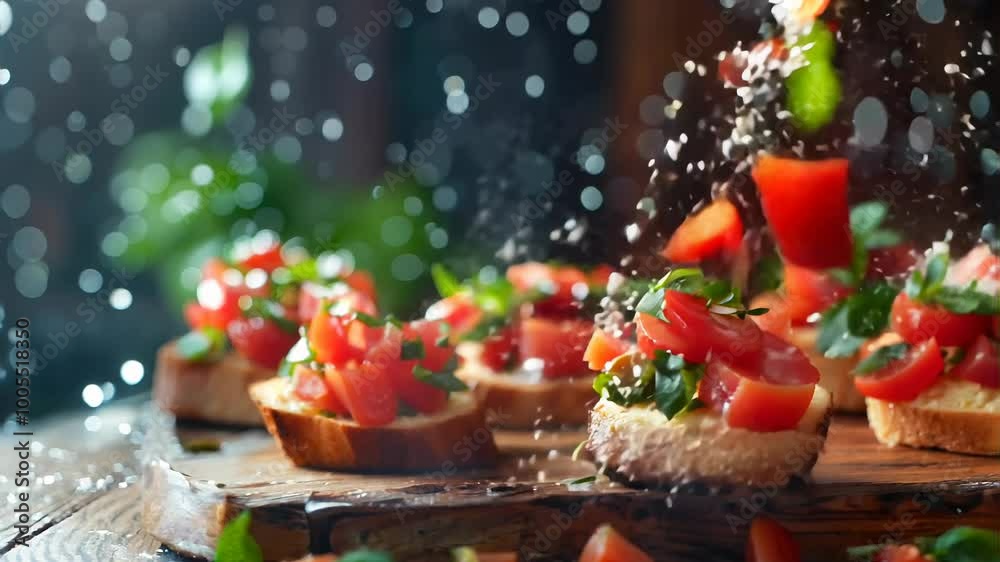 Fresh Bruschetta Preparation with Falling Tomato and Basil Animation Fresh Bruschetta Preparation with Falling Tomato and Basil Animation