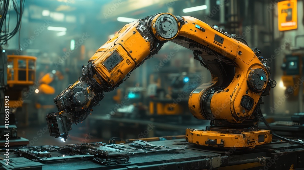 A robotic arm in a factory setting, welding a metal panel.