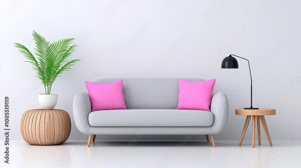 Fototapeta premium A stylish living room with a light gray couch, sleek black-and-white decor, and wooden accents, with a large window offering natural light