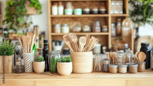 Kitchen utensils and herbs arranged neatly on a wooden countertop.