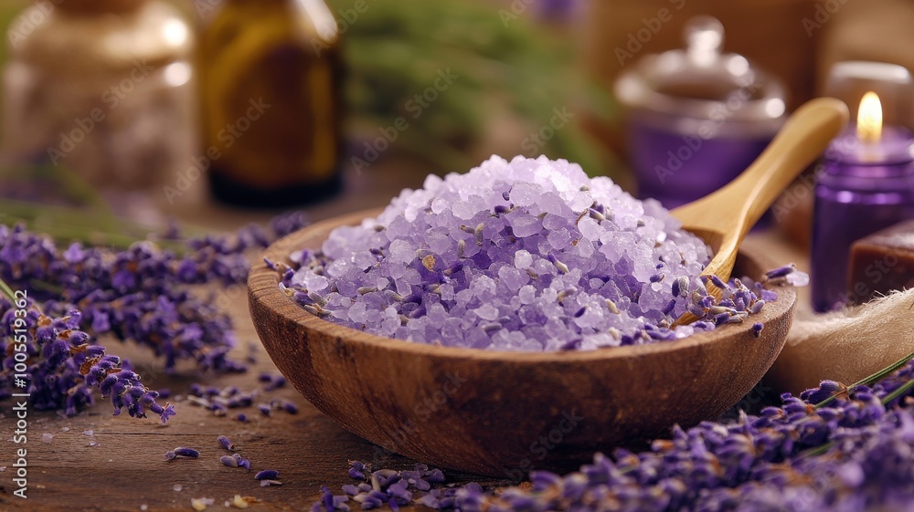 Lavender sea salt in a wooden bowl with herbs on a rustic table. Lavender sea salt in a wooden bowl with herbs on a rustic table.