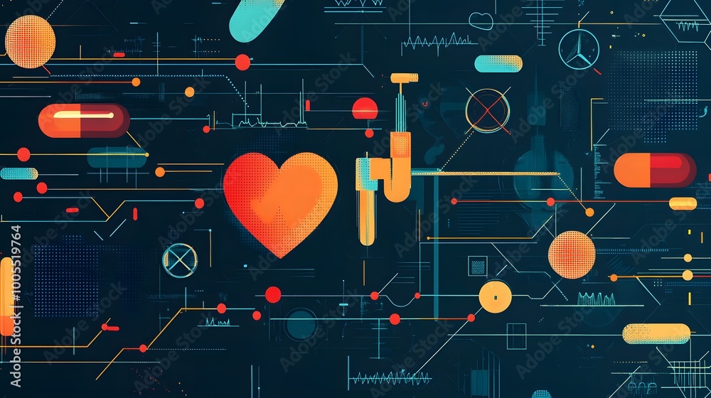 Fototapeta premium Abstract digital artwork with a heart, pills, and geometric shapes