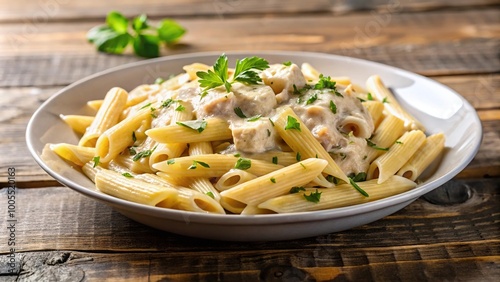 Penne pasta with chicken cream and grated cheese