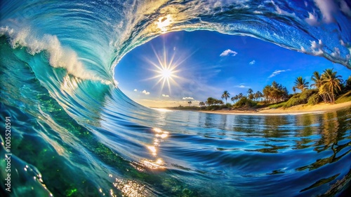 Perfect wave rolling towards shore with warm sunlight and clear blue water