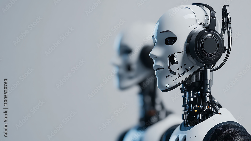 Two white robots with one wearing headphones stand side by side, their faces blank and their eyes looking off to the side. Two white robots with one wearing headphones stand side by side, their faces blank and their eyes looking off to the side.