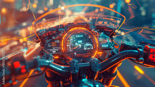 A motorcycle dashboard with a holographic data display