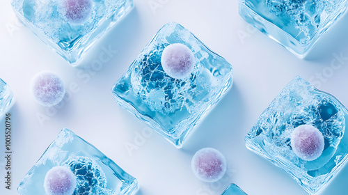 Pink cells frozen in ice cubes on a white background.