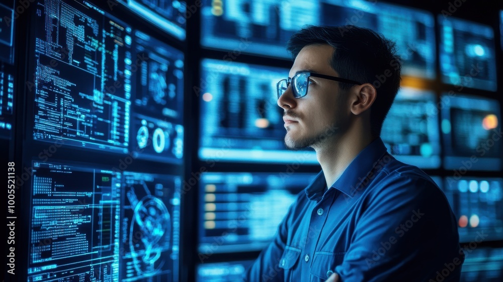 Male professional analyzing data on multiple screens in a high-tech environment. Male professional analyzing data on multiple screens in a high-tech environment.